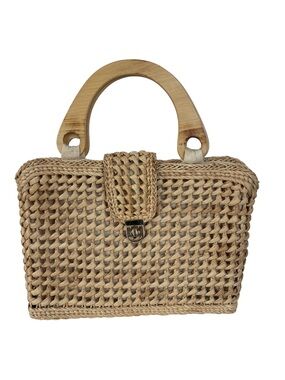 Vintage Woven Straw Basket Handbag Wood Handle Coastal Boho Resort Summer Purse